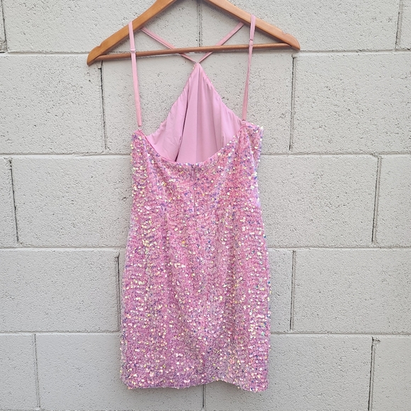 Helsi | Abby Iridescent Sequin Halter Minidress in Pink Rose Size XS - Picture 9 of 14